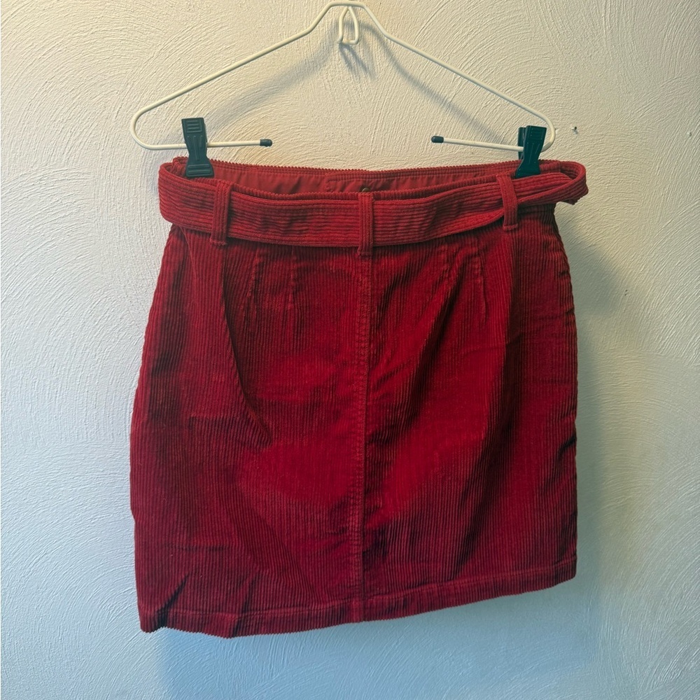 LOFT Red Crimson Corduroy Mini Skirt Belted Cotton Size 2 Cottagecore Preppy - Picture 3 of 5